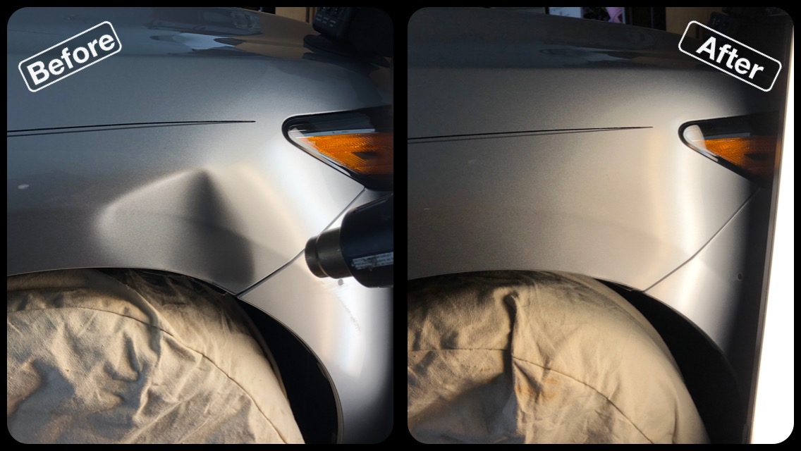 Right Fender of A Nissan Altama. There was some light paint loss at the bottom of this repair, that had started to rust. We wetsanded that area, removed the rust, and applied touch-up. The bodyline needed to be rebuilt along with some significant bulk work. This panel was heated throughout the macro phase of this repair.