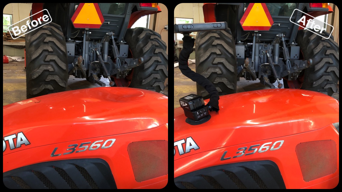 Hood Scoop for a Small Tractor. A branch fell from a tree and created a large impact. The replacement cost was outragus, we were able to save the panel and keep his tractor factory paint.